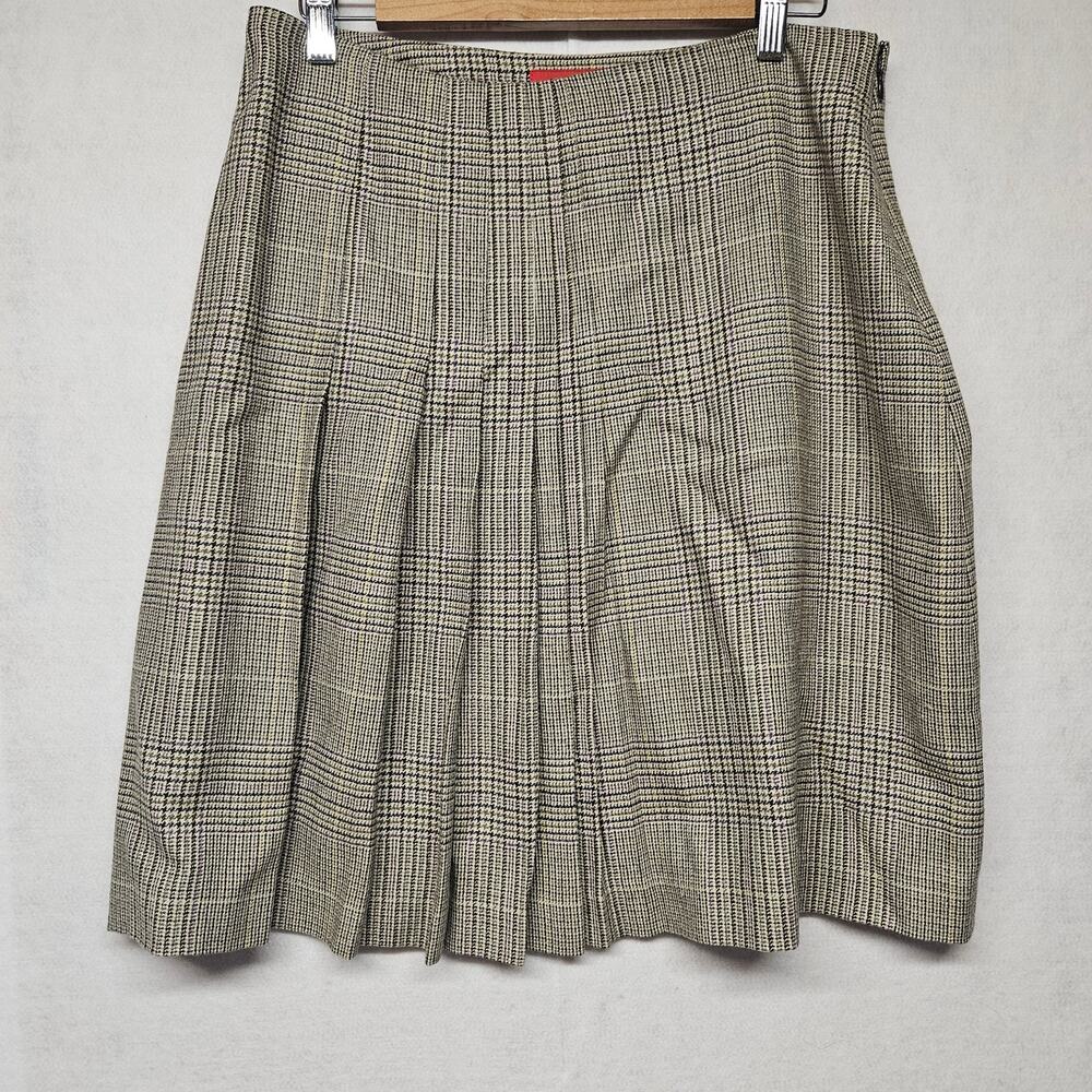AK Anne Klein Brown Plaid Stretch Pleated Shirt Wool Blend Size 10